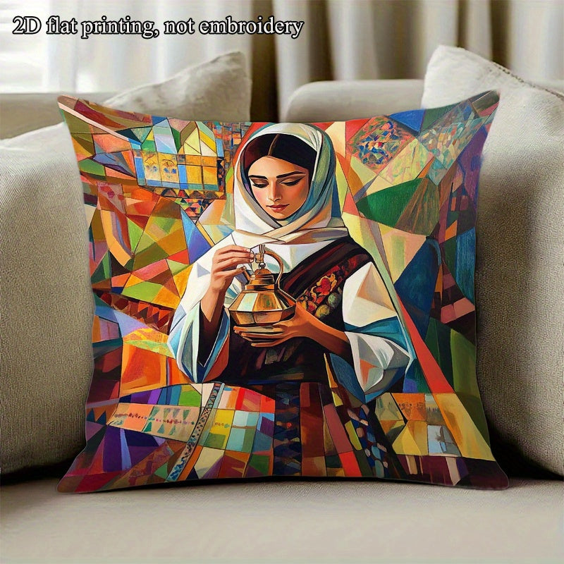 1pc Throw Pillow Cover - Palestinian Woman in Traditional Dress Holding Oil Lamp - Middle Eastern Home Decor Cushion Case - Zipper Closure & Machine Washable - Living Room, Bedroom, Party Decoration - Cultural Gift Idea - Fit