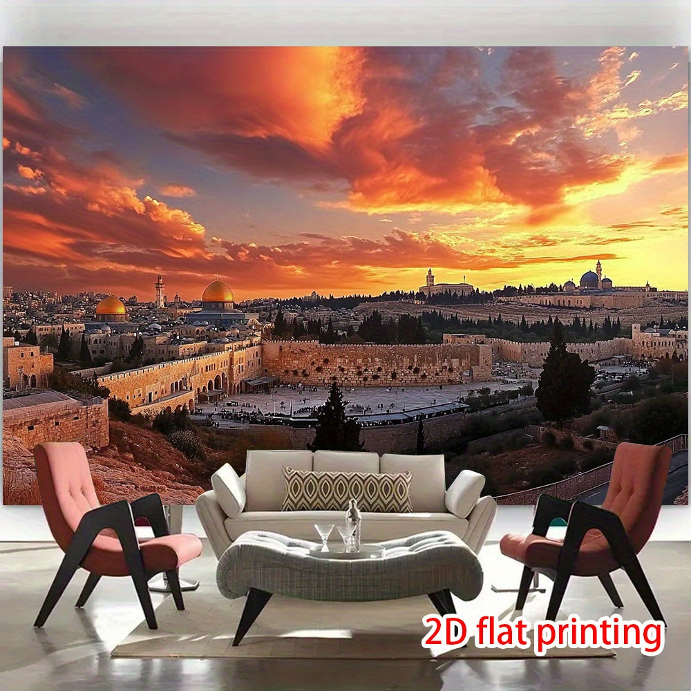 1pc Dome of the Rock Sunset Backdrop – Vibrant Bethlehem & Jerusalem Scene, 2D Flat Printing, Polyester Material, Perfect for Party Decor, Photo Shoots & Event Decorations, Lightweight & Easy to Clean, Event Photo Backdrop