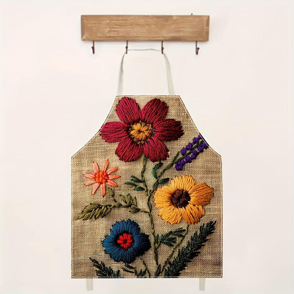 1pc Stylish Durable Linen Apron with Palestinian Embroidery Philosophers Stone Design - Three Vibrant Floral Patterns (Red, Yellow, Blue) for Gardening & Cooking, Perfect Gift for Birthdays, Friends, Couples, Family, Colleagu