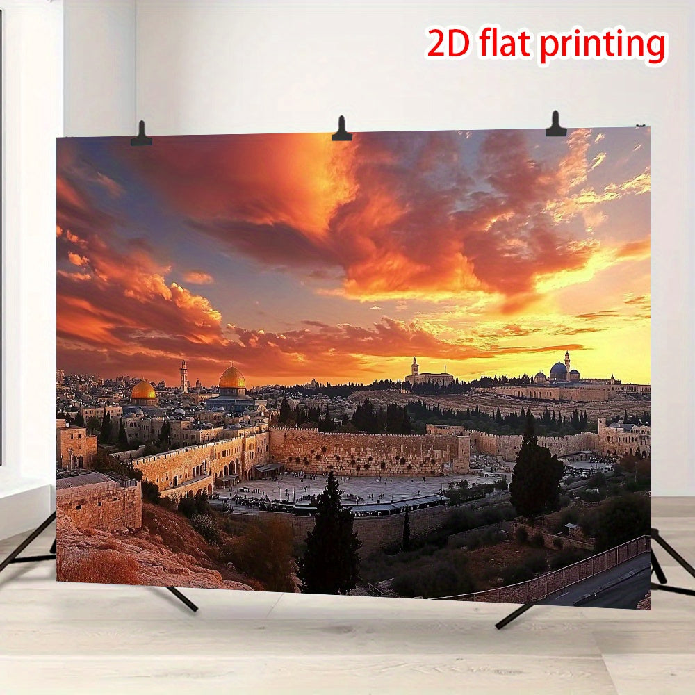 1pc Dome of the Rock Sunset Backdrop – Vibrant Bethlehem & Jerusalem Scene, 2D Flat Printing, Polyester Material, Perfect for Party Decor, Photo Shoots & Event Decorations, Lightweight & Easy to Clean, Event Photo Backdrop