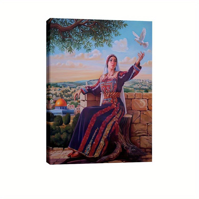 1pc Unframed Canvas PosterPalestinian Woman with DoveFor Gift Bedroom Office Living Room Cafe Bar Wall Decor Home And Dormitory Decorationholiday gift for Mother's Day Valentine's Day Easter Thanksgiving Day and Independence