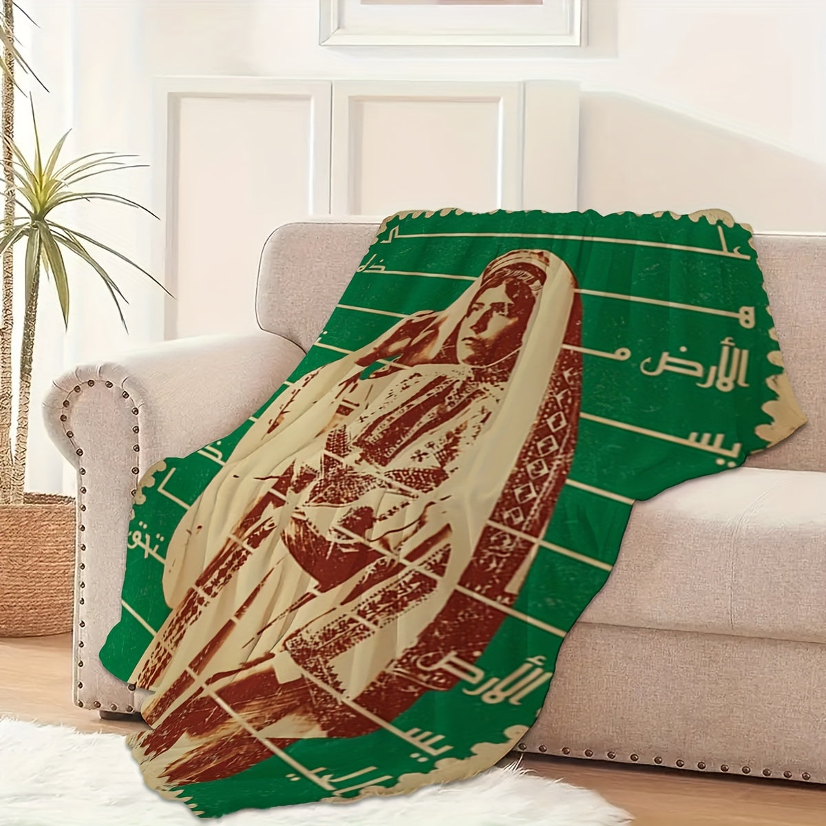 1pc Palestinian 12th Number Flannel Blanket - Traditional Geometric Pattern, Soft Warm All-Season Throw for Sofa, Bed, Travel & Camping - Green & White with Arabic Script Design - Perfect Gift for Men, Women, Elderly, Cozy Li