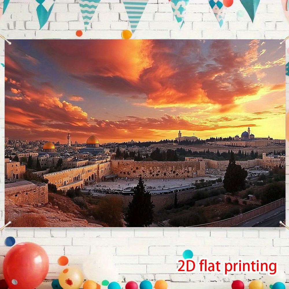 1pc Dome of the Rock Sunset Backdrop – Vibrant Bethlehem & Jerusalem Scene, 2D Flat Printing, Polyester Material, Perfect for Party Decor, Photo Shoots & Event Decorations, Lightweight & Easy to Clean, Event Photo Backdrop