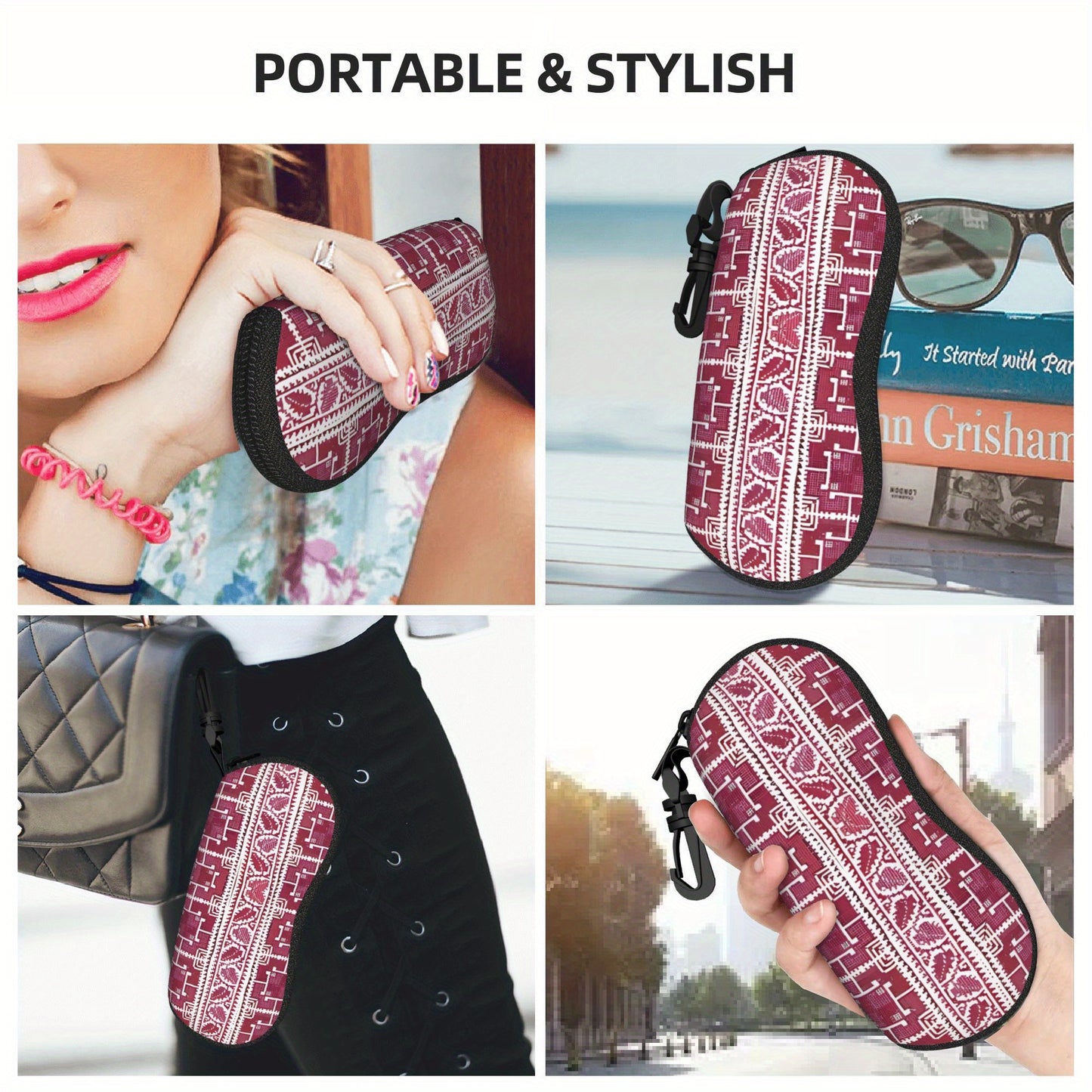 1pc Palestinian Tatreez Embroidery Glasses Case - Maroon & White Floral Design, Durable Zippered Travel Eyewear Pouch, Unisex Portable Protective Cover Fits Various Glasses Styles, Artistic Accessory, Intricate Patterns