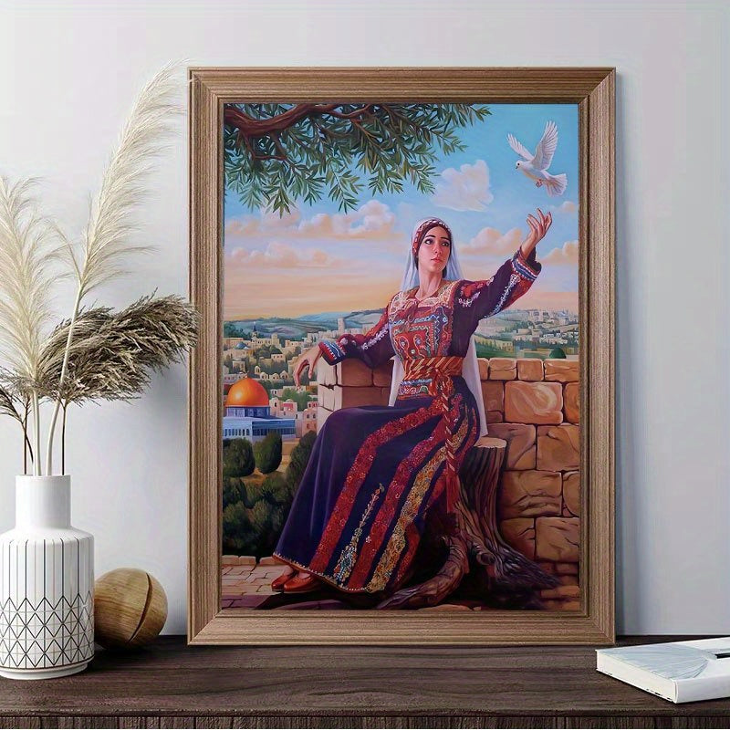 1pc Unframed Canvas PosterPalestinian Woman with DoveFor Gift Bedroom Office Living Room Cafe Bar Wall Decor Home And Dormitory Decorationholiday gift for Mother's Day Valentine's Day Easter Thanksgiving Day and Independence