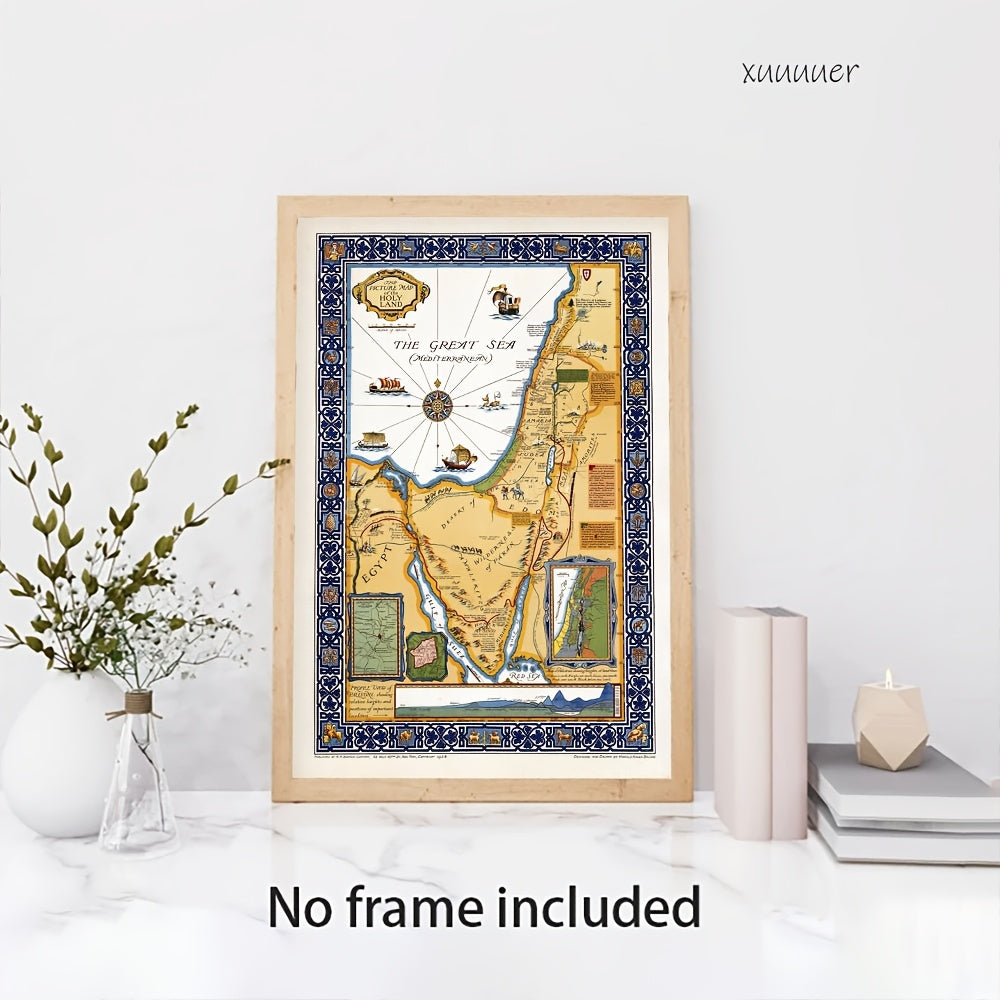 [2D Flat] 1pc Holy Land Map Wall Art - Vibrant And Ornate Borders, Geographical Details of Jerusalem, Bethlehem, And Nazareth, Home Decor for Living Room, Bedroom, Kitchen, Bathroom - Perfect Gift Idea, Bedroom Art | Historic