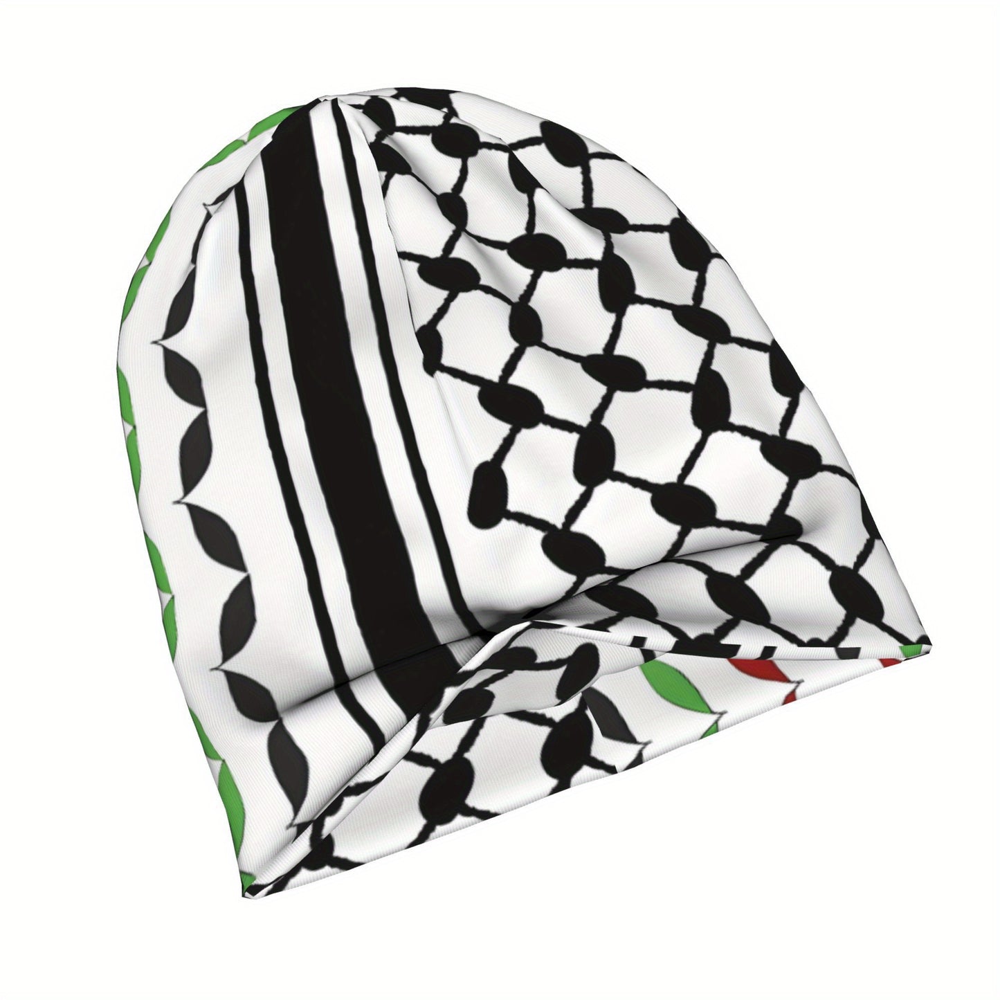 BIIHUDU Men's Keffiyeh Bonnet Hat - Black & Green Checkered Streetwear Beanie with White Stripes, Hip Hop Skull Cap for Casual Outfits, Comfortable Headgear, Street Style Accessory, Urban Fashion, Durable Headwear, Breathable