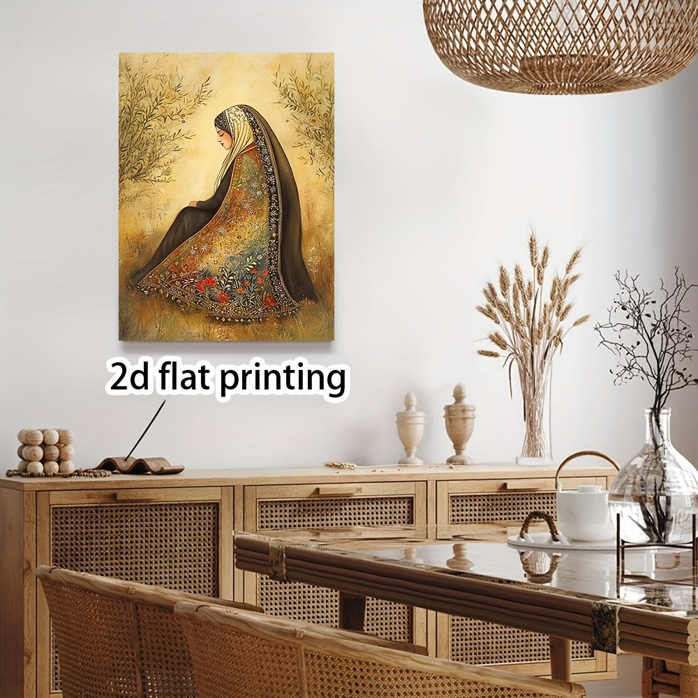 1pc Contemporary Palestinian Woman in Thobe Canvas Wall Art with Wooden Frame 29.97x39.88 cm - Vibrant Traditional Attire & Floral Print, Ready to Hang Home Decor for Living Room, Anniversaries XYK778, Anniversary Gift, Intri