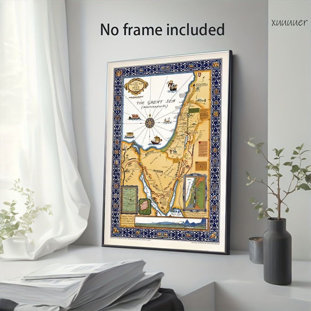 [2D Flat] 1pc Holy Land Map Wall Art - Vibrant And Ornate Borders, Geographical Details of Jerusalem, Bethlehem, And Nazareth, Home Decor for Living Room, Bedroom, Kitchen, Bathroom - Perfect Gift Idea, Bedroom Art | Historic