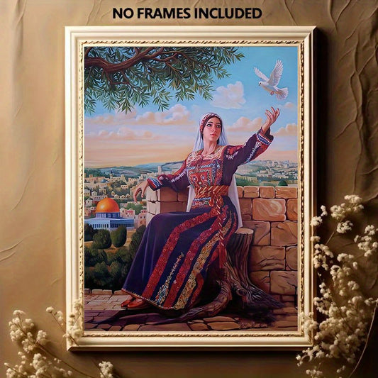 1pc of Palestinian Women and Peace Dove themed 2D flat canvas art painting, suitable for living room, study, bedroom, restaurant, hotel, office, cafe, tea room, foyer, corridor, balcony decoration, gift for mother, wife, fema