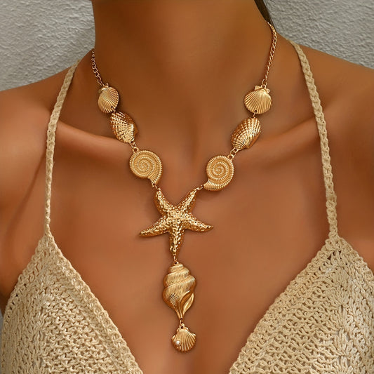 1 Pair of Summer Ocean Vacation Style Women's Y-Necklace, New Bohemian Creative Starfish Shell Seashell and Other Marine Life Pendant Collarbone Necklace, Perfect Beach Holiday Accessory, Ideal Gift for Friends