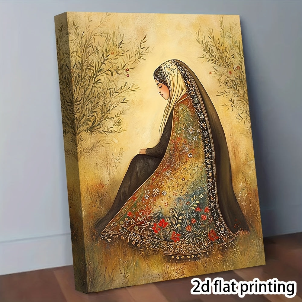 1pc Contemporary Palestinian Woman in Thobe Canvas Wall Art with Wooden Frame 29.97x39.88 cm - Vibrant Traditional Attire & Floral Print, Ready to Hang Home Decor for Living Room, Anniversaries XYK778, Anniversary Gift, Intri