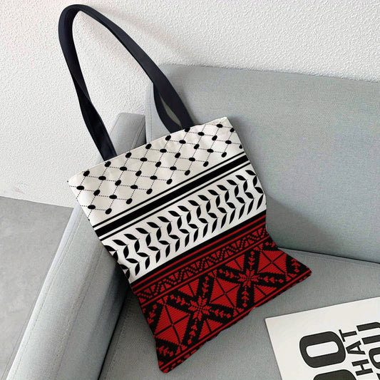 1pc Geometric Patterns, Red And Black, Traditional Design Tote Bag, Very Suitable for Outdoor Picnics And Shopping, Picnic Accessories | Fun Design | Durable Handle, Cute Tote Bag, Used for Family Gatherings, Holiday Events,