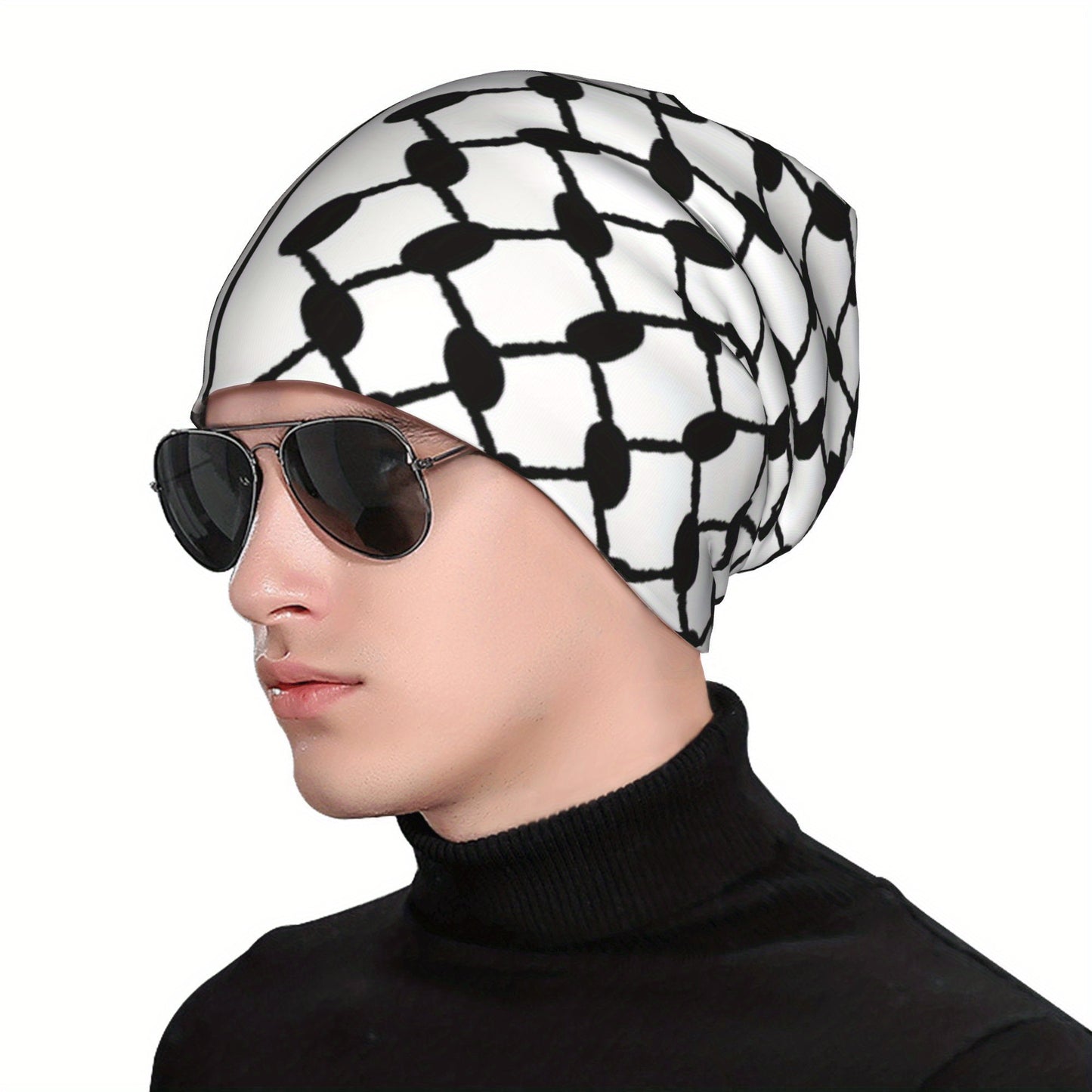 BIIHUDU Men's Keffiyeh Bonnet Hat - Black & Green Checkered Streetwear Beanie with White Stripes, Hip Hop Skull Cap for Casual Outfits, Comfortable Headgear, Street Style Accessory, Urban Fashion, Durable Headwear, Breathable