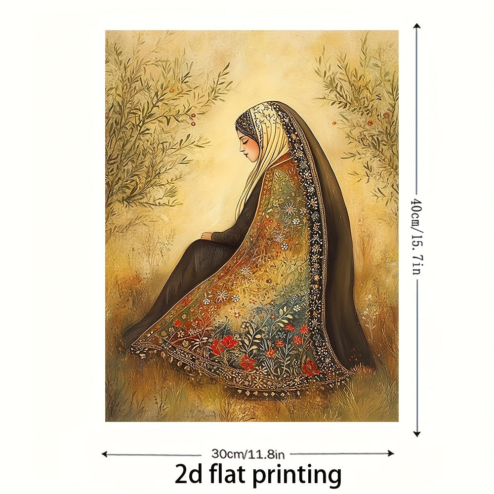 1pc Contemporary Palestinian Woman in Thobe Canvas Wall Art with Wooden Frame 29.97x39.88 cm - Vibrant Traditional Attire & Floral Print, Ready to Hang Home Decor for Living Room, Anniversaries XYK778, Anniversary Gift, Intri