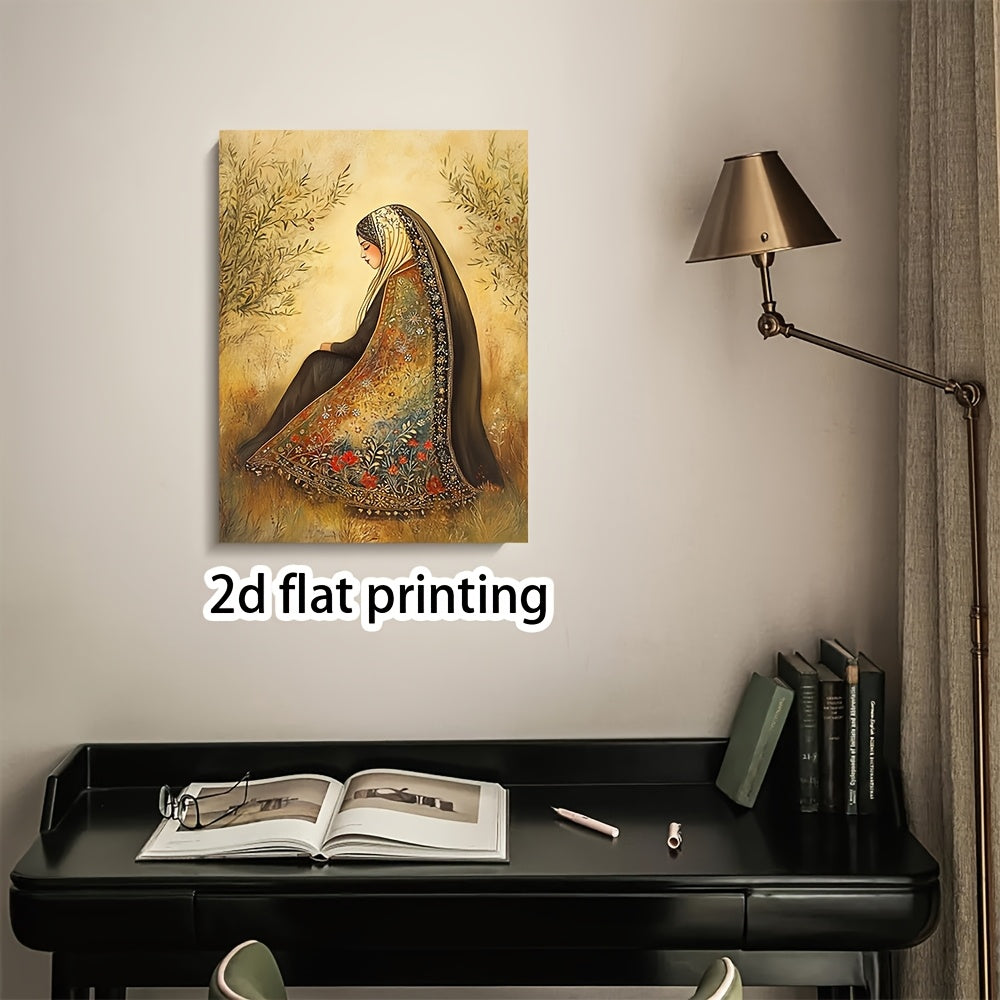 1pc Contemporary Palestinian Woman in Thobe Canvas Wall Art with Wooden Frame 29.97x39.88 cm - Vibrant Traditional Attire & Floral Print, Ready to Hang Home Decor for Living Room, Anniversaries XYK778, Anniversary Gift, Intri
