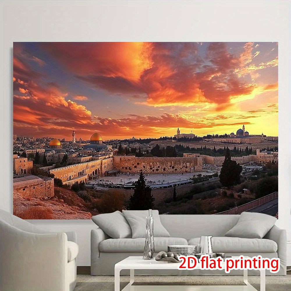 1pc Dome of the Rock Sunset Backdrop – Vibrant Bethlehem & Jerusalem Scene, 2D Flat Printing, Polyester Material, Perfect for Party Decor, Photo Shoots & Event Decorations, Lightweight & Easy to Clean, Event Photo Backdrop