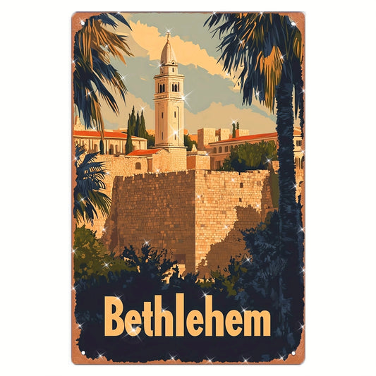 Vintage Bethlehem Metal Wall Art - Rustic Iron Poster with Old City of Bethlehem Illustration, Perfect for Home, Office, Cafe, or Bar Decor (20.32x30.48 cm), Metal Wall Art Decor