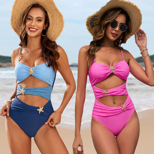 Women's Solid Color Spliced One-Piece Swimsuit with Metal Buckle 2025 Fashionable Swimwear for Ladies