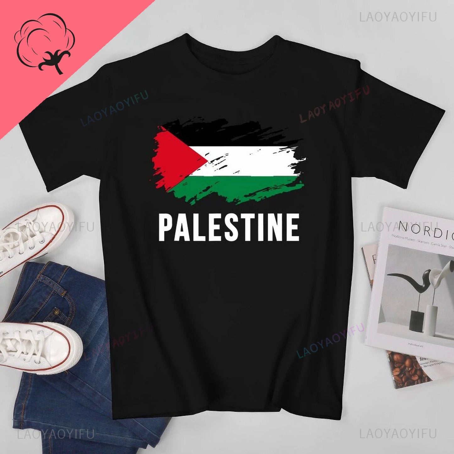 Classic Unisex Men Vintage Palestine Flag Printed T-shirt Casual Loose Tees T Shirts Women Summer Outdoors Cotton T-Shirt