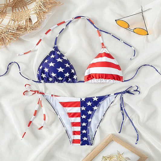 2 Pcs/Set Bikini Set Sexy Bikinis 2024 Lace-up Bikini Swimsuit Women's High Sense American Flag Print Beach Bikini Spa Swimsuit