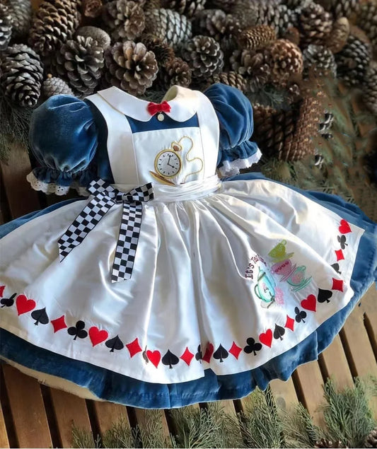 0-12Y Baby Girl Autumn Winter Blue Velvet Alice Embroidery Vintage Princess Ball Gown Dress for  Eid Birthday Causal C69