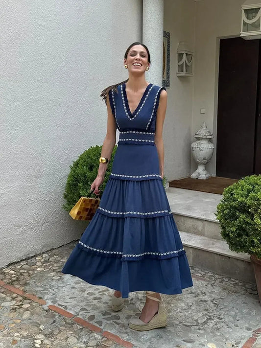 Women Vintage Chic Fringes Spliced Midi Ruffles Dress Fashion V Neck Sleeveless High Waist Robes 2024 Summer Lady Party Vestidos