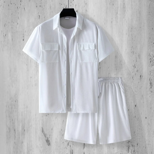 2025 New Men Casual Loose Multi-color Beachwear  Corduroy Short Sleeve Shorts Two-Piece Set  Han-style Collar Applique Top S-2XL