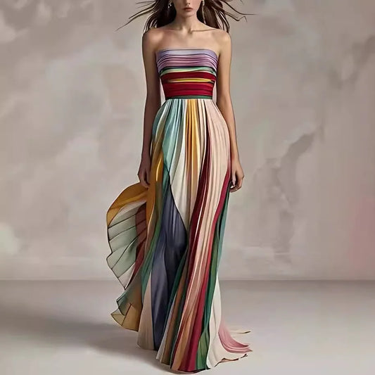Women's Fashionable A-line Backless Sexy Strapless Printed Multicolor Beachwear Comfortable Strapless Elegant Long Skirt Dress