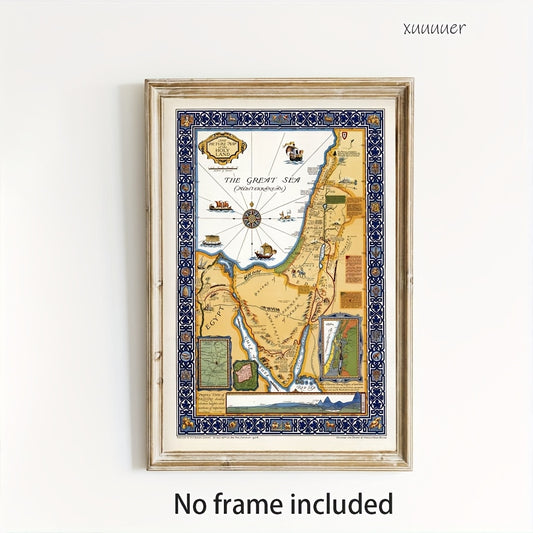[2D Flat] 1pc Holy Land Map Wall Art - Vibrant And Ornate Borders, Geographical Details of Jerusalem, Bethlehem, And Nazareth, Home Decor for Living Room, Bedroom, Kitchen, Bathroom - Perfect Gift Idea, Bedroom Art | Historic