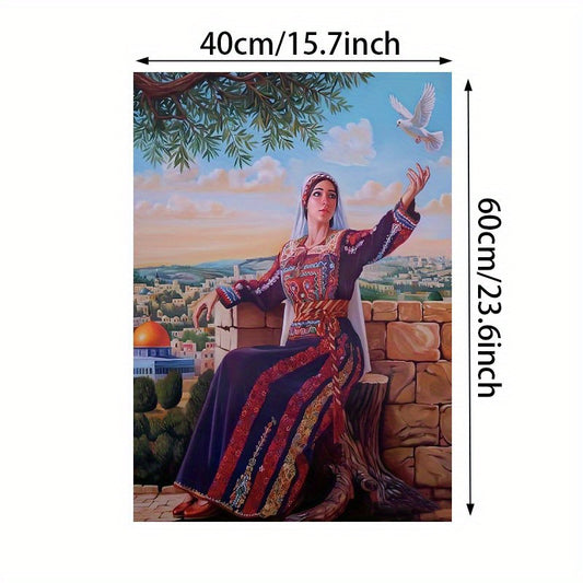 1pc Unframed Canvas PosterPalestinian Woman with DoveFor Gift Bedroom Office Living Room Cafe Bar Wall Decor Home And Dormitory Decorationholiday gift for Mother's Day Valentine's Day Easter Thanksgiving Day and Independence