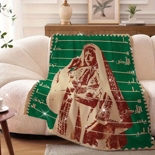1pc Palestinian 12th Number Flannel Blanket - Traditional Geometric Pattern, Soft Warm All-Season Throw for Sofa, Bed, Travel & Camping - Green & White with Arabic Script Design - Perfect Gift for Men, Women, Elderly, Cozy Li
