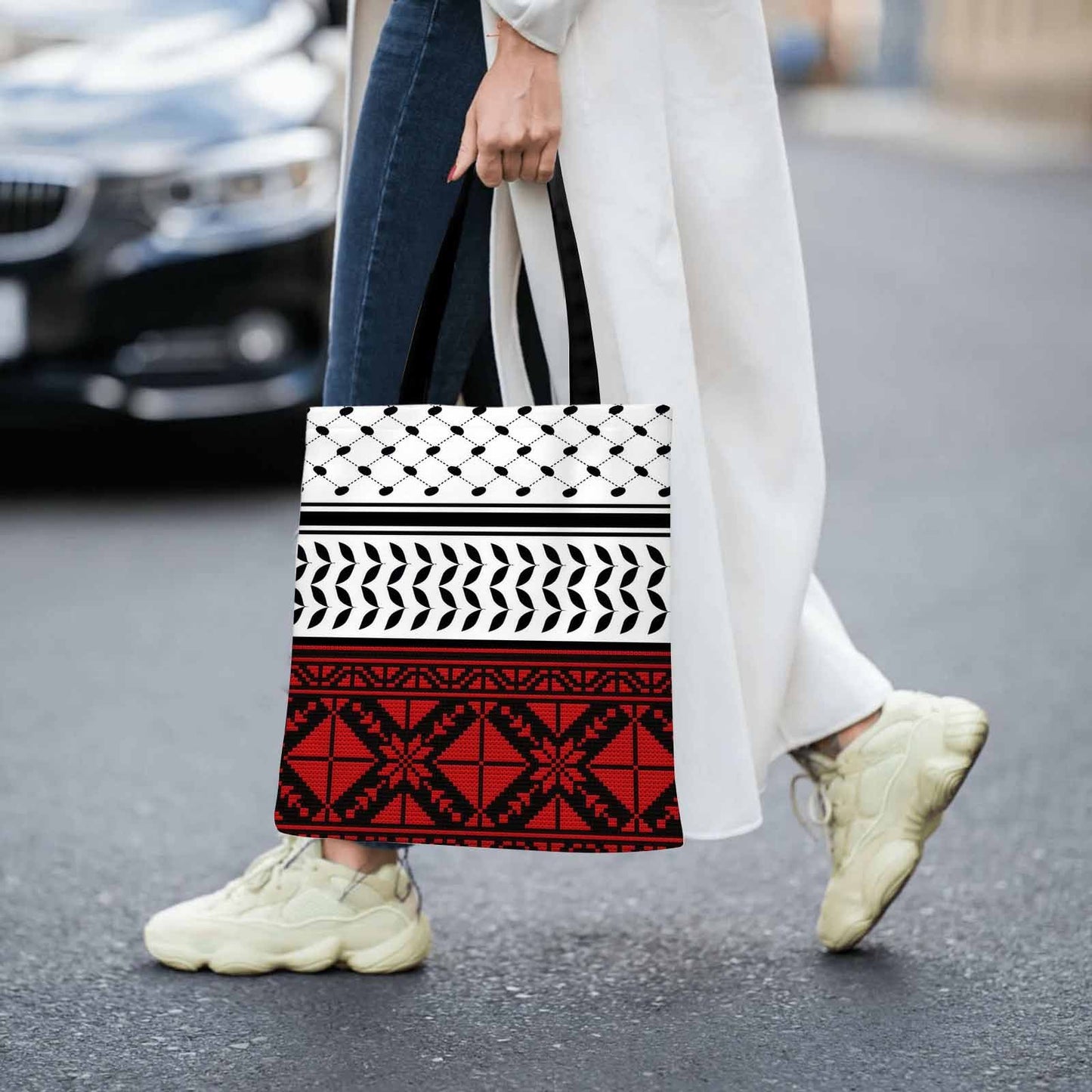 1pc Geometric Patterns, Red And Black, Traditional Design Tote Bag, Very Suitable for Outdoor Picnics And Shopping, Picnic Accessories | Fun Design | Durable Handle, Cute Tote Bag, Used for Family Gatherings, Holiday Events,