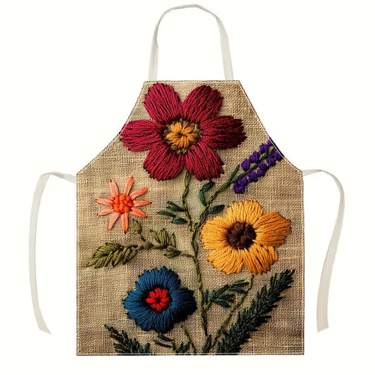 1pc Stylish Durable Linen Apron with Palestinian Embroidery Philosophers Stone Design - Three Vibrant Floral Patterns (Red, Yellow, Blue) for Gardening & Cooking, Perfect Gift for Birthdays, Friends, Couples, Family, Colleagu