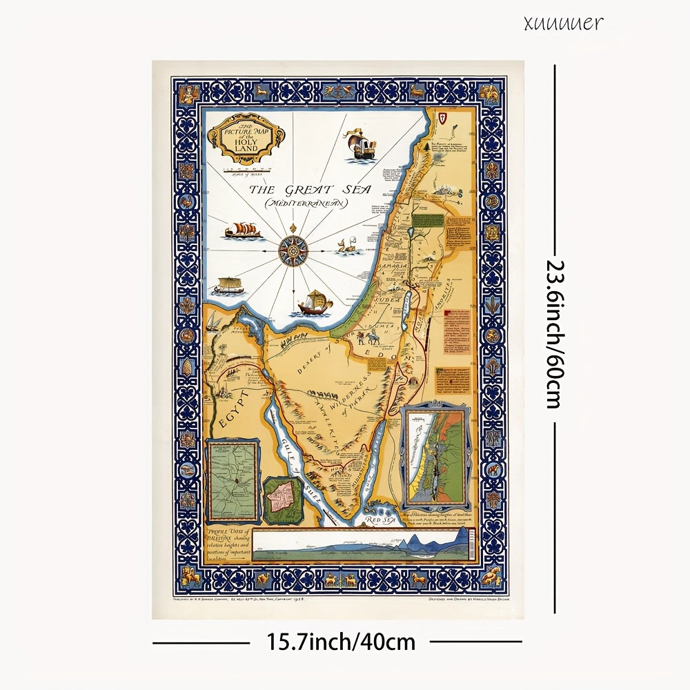 [2D Flat] 1pc Holy Land Map Wall Art - Vibrant And Ornate Borders, Geographical Details of Jerusalem, Bethlehem, And Nazareth, Home Decor for Living Room, Bedroom, Kitchen, Bathroom - Perfect Gift Idea, Bedroom Art | Historic