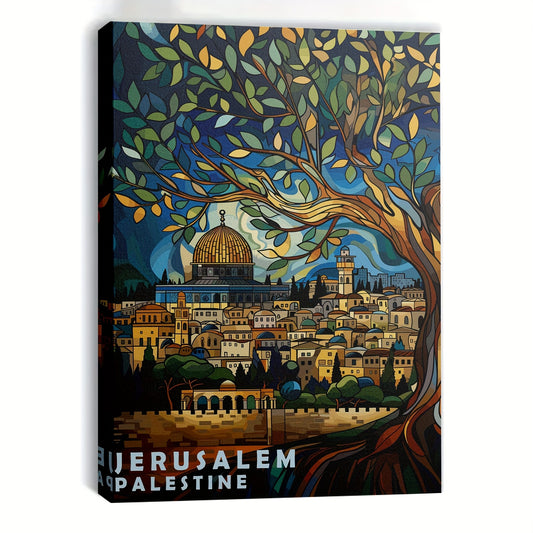 1pc Framed Canvas Wall Art - Jerusalem Palestine Cityscape Under Olive Tree with Dome of the Rock, Vibrant Colors & Intricate Details, Ready-to-Hang Cultural Home Decor for Living Room, Bedroom, Office, Middle Eastern Decor,