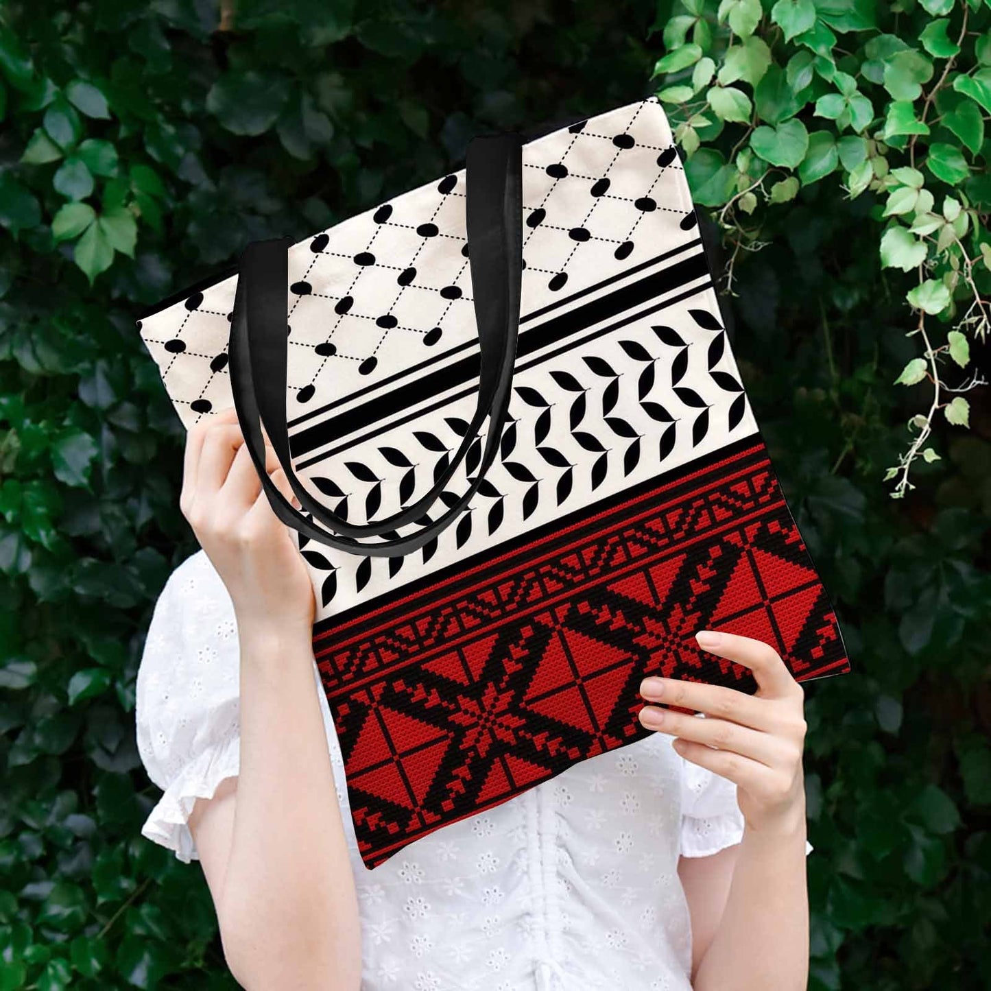 1pc Geometric Patterns, Red And Black, Traditional Design Tote Bag, Very Suitable for Outdoor Picnics And Shopping, Picnic Accessories | Fun Design | Durable Handle, Cute Tote Bag, Used for Family Gatherings, Holiday Events,