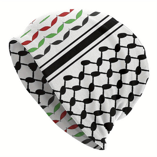 BIIHUDU Men's Keffiyeh Bonnet Hat - Black & Green Checkered Streetwear Beanie with White Stripes, Hip Hop Skull Cap for Casual Outfits, Comfortable Headgear, Street Style Accessory, Urban Fashion, Durable Headwear, Breathable