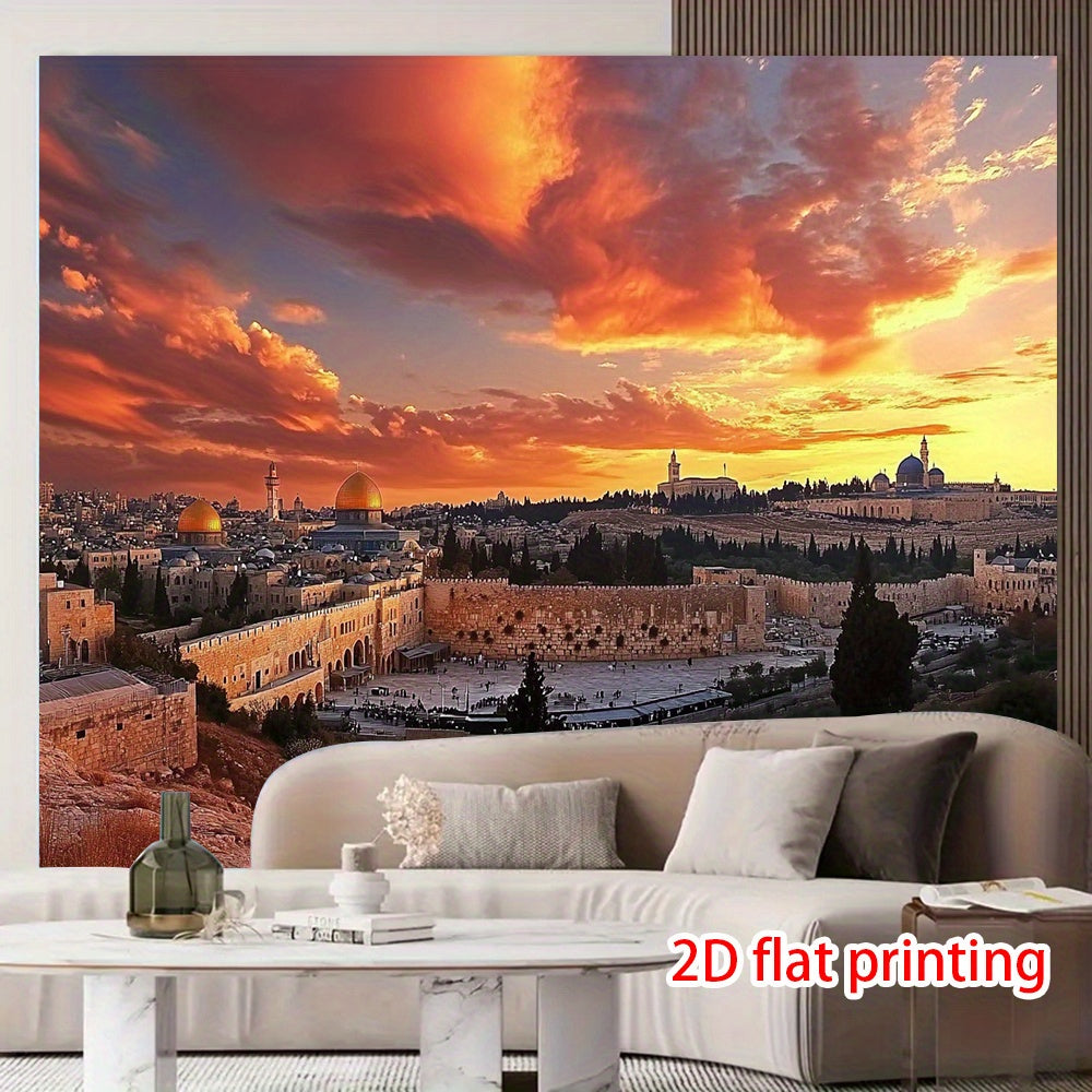 1pc Dome of the Rock Sunset Backdrop – Vibrant Bethlehem & Jerusalem Scene, 2D Flat Printing, Polyester Material, Perfect for Party Decor, Photo Shoots & Event Decorations, Lightweight & Easy to Clean, Event Photo Backdrop